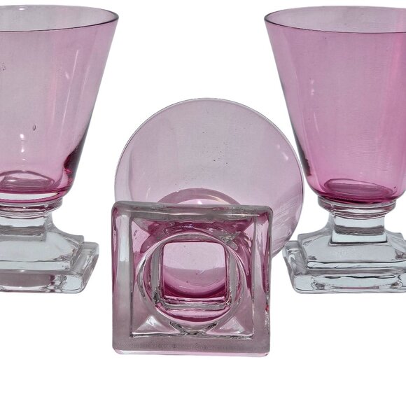 3 Retro Pink Cordial Glasses 3.25" square foot schnapps glass MCM barware - Picture 6 of 8